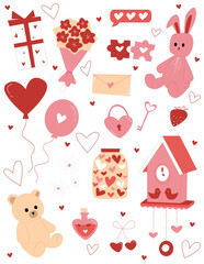 Valentine's Day, Love stickers. February 14, romantic elements, hearts, gifts, cute, retro style.