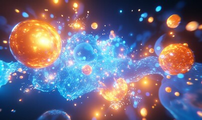 Obraz premium Glowing orbs and blue energy swirl, cosmic scene.