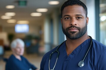 A focused male nurse in scrubs with a stethoscope exudes professionalism and care within the hospital setting, prepared to address patients’ needs with compassion.