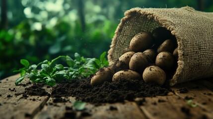 Raw potatoes spilling from sack with soil. Farm produce concept