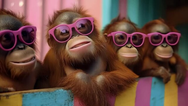 Adorable orangutans wear pink sunglasses