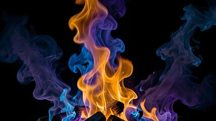 A mystical fire with purple and blue flames rising against a smoky black background