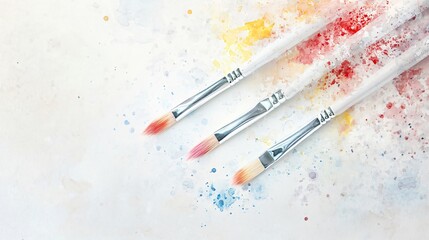 Obraz premium Three Paintbrushes on a Watercolor-Splattered Canvas: A Colorful Journey into Artistic Expression