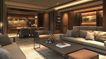 Fototapeta premium a contemporary living room interior featuring stylish furnishings and a sophisticated layout.