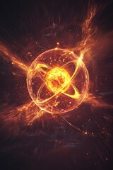 Obraz premium Fiery sphere, glowing rings, energy bursts, dark background.