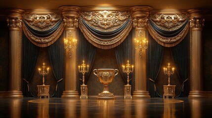 An opulent interior featuring grand columns, elaborate drapes, and a central trophy surrounded by candelabras.