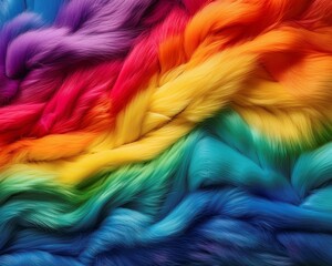 A vibrant and colorful abstract texture of flowing strands resembling soft fur or hair, with a rainbow gradient effect that conveys creativity, vibrancy, and dynamic motion.