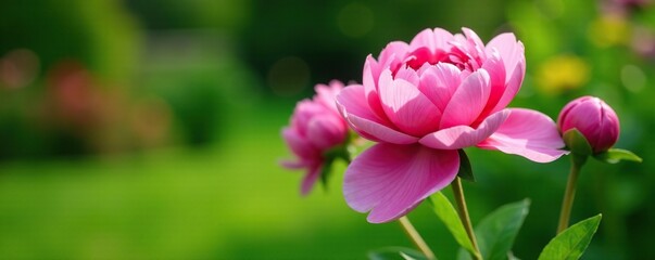 Pink peony flowers blooming in a garden with lush green foliage, nature, green