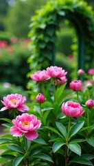 Obraz premium Pink peony flowers blooming in a garden with a green trellis and arch, plants, botanical, foliage