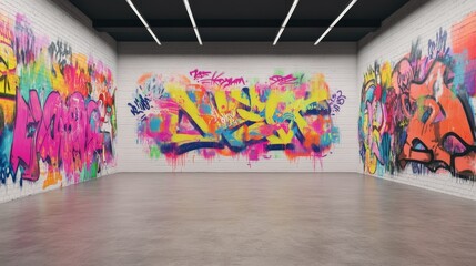 A vibrant graffiti, background art gallery showcasing colorful street art on white brick wall, backgrounds.