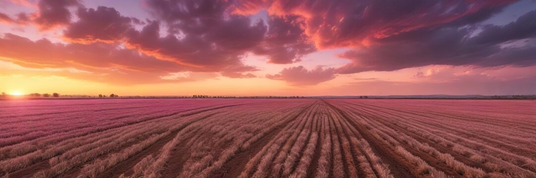 Pink hues of sunset on vast arable fields under cloudy skies , pink sunset, color palette , farm landscapes