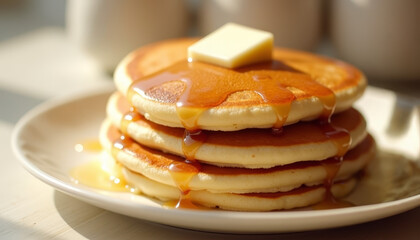 Delicious golden pancakes with syrup and butter on a plate in bright sunlight