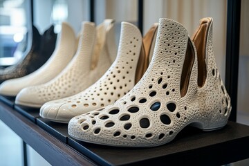 A display of unique, perforated white shoes on a shelf in a retail setting.
