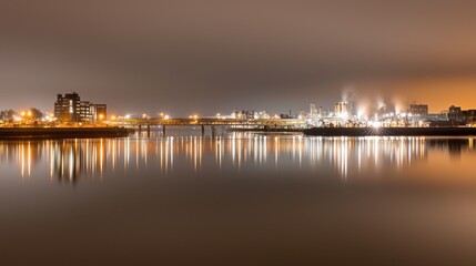 Fototapeta premium A serene night view of a city skyline reflected in water, illuminated by city lights against a moody, cloudy sky.