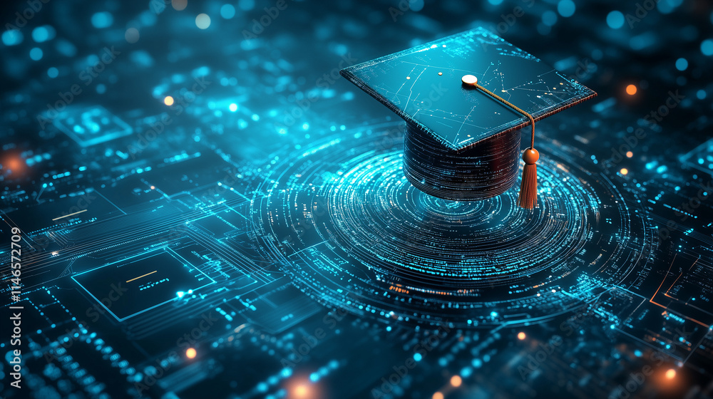 Wall mural black hat of a tech development coding graduate academy on a digital software circuit board.