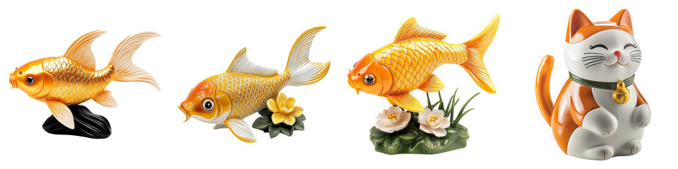 Chinese New Year clipart concept. Decorative goldfish figurines alongside a playful cat statue. on Transparent background.