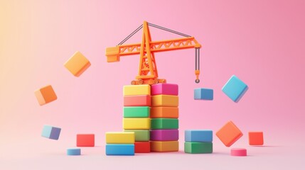 Fototapeta premium A colorful construction scene featuring a toy crane stacked with vibrant blocks against a soft pink background.