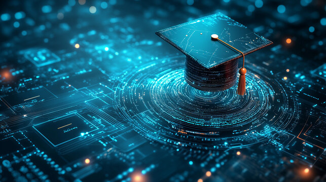 Black hat of a tech development coding graduate academy on a digital software circuit board. 