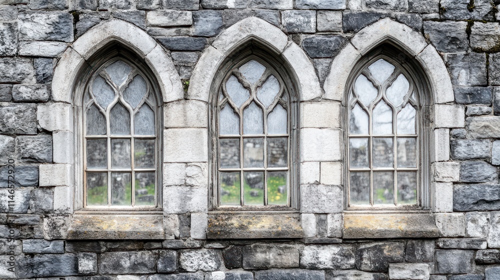 Poster three arched windows in a stone wall, showcasing intricate design and historical architecture.