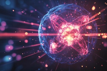 Obraz premium Glowing sphere, energy bursts, vibrant colors, dark background.