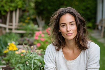 A serene young woman sits amidst colorful flowers in a garden, embracing nature's beauty, and exuding a sense of calm and connection with her surroundings.