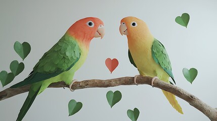 Romantic Lovebirds on Branch with Hearts