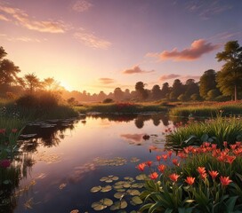 Obraz premium Serene Bosherston Lily Ponds landscape at sunset, peaceful atmosphere, pembrokeshire, nature reserve