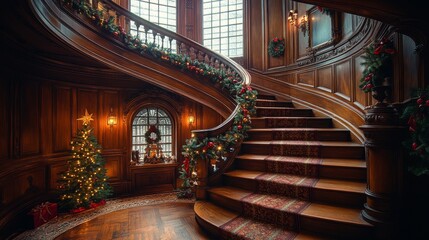 Elegant staircase adorned for a festive holiday season
