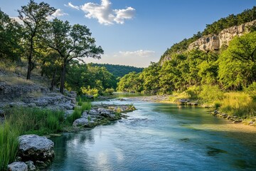 Obraz premium Serene River Flowing Through Lush Green Landscape