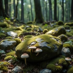 A moss-covered stone podium in a serene, damp forest—perfect for showcasing natural and organic products