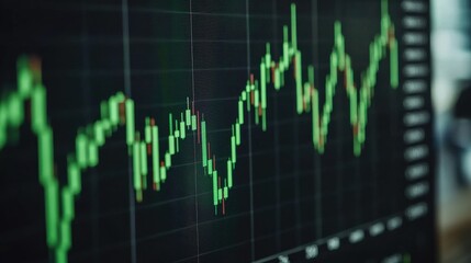 Fototapeta premium Financial market analysis trading platform graphic visualization business environment high angle bold green candlestick charts
