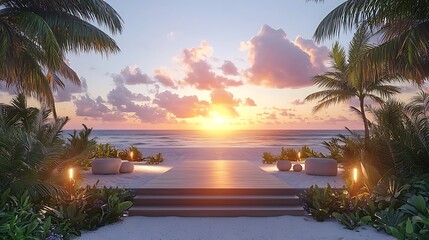 Fototapeta premium Tropical Beach Sunset Wooden Deck Steps to Ocean