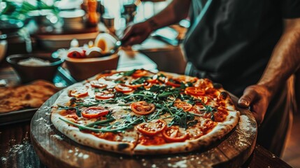 Delicious pizza with tomatoes and arugula being served.