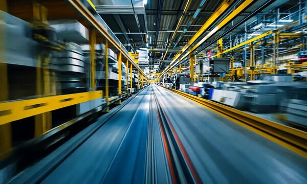A blurred view of an industrial facility, showcasing machinery and production lines in motion.