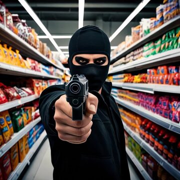 Man in a mask raising a gun in a supermarket. Thief in a grocery store aisle pointing a gun directly at the camera