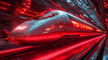 The high-speed passenger electric train of the future has beautiful LED lights showing around the train.