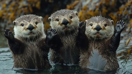 Three playful otters in water, waving and engaging with the viewer.