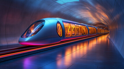 The high-speed passenger electric train of the future has beautiful LED lights showing around the train.