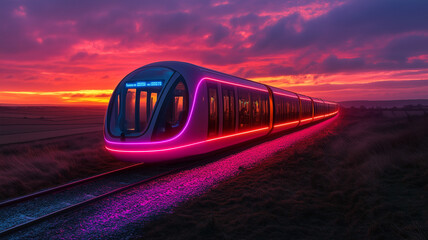 The high-speed passenger electric train of the future has beautiful LED lights showing around the train.