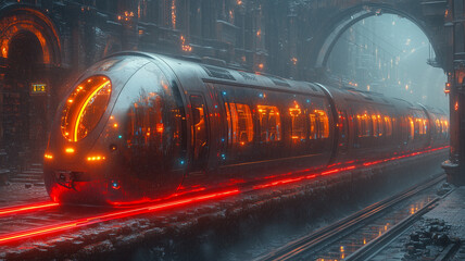The high-speed passenger electric train of the future has beautiful LED lights showing around the train.