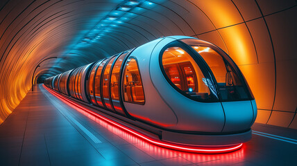 The high-speed passenger electric train of the future has beautiful LED lights showing around the train.
