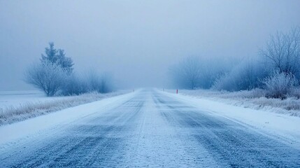Fototapeta premium Early morning frost blanketing a quiet rural road winter landscape serene atmosphere peaceful view