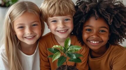 Capture the essence of community with a multicultural group of children planting trees, their bright smiles radiating positivity These young stewards of nature are nurturing seedlings, symbolizing
