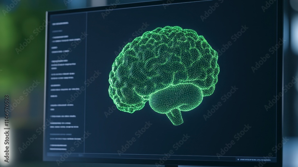 Poster a digital representation of a brain displayed on a monitor, showcasing green neural patterns against