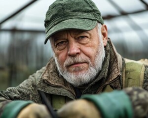 Fototapeta premium Capture the essence of rural life with this image of an elderly farmer diligently repairing a greenhouse structure, showcasing resourcefulness and hard work Explore a detailed rural scene that
