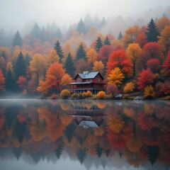 Fototapeta premium A picturesque autumn scene featuring a red cottage surrounded by vibrant fall foliage in shades of red, orange, and yellow, perfectly mirrored in a tranquil lake, evoking serenity and natural beauty.