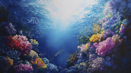 Naklejka premium Vibrant coral reef with colorful corals and fish swimming in blue water
