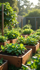 Fototapeta premium Lush vegetable garden with vibrant plants growing in wooden raised beds