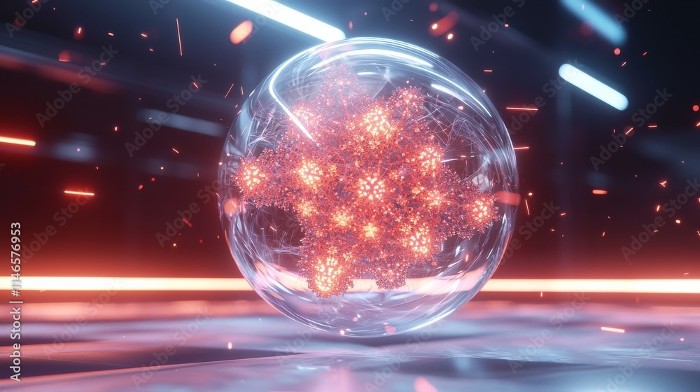 Poster futuristic fractal object with self-replicating particles digital studio abstract art neon environme