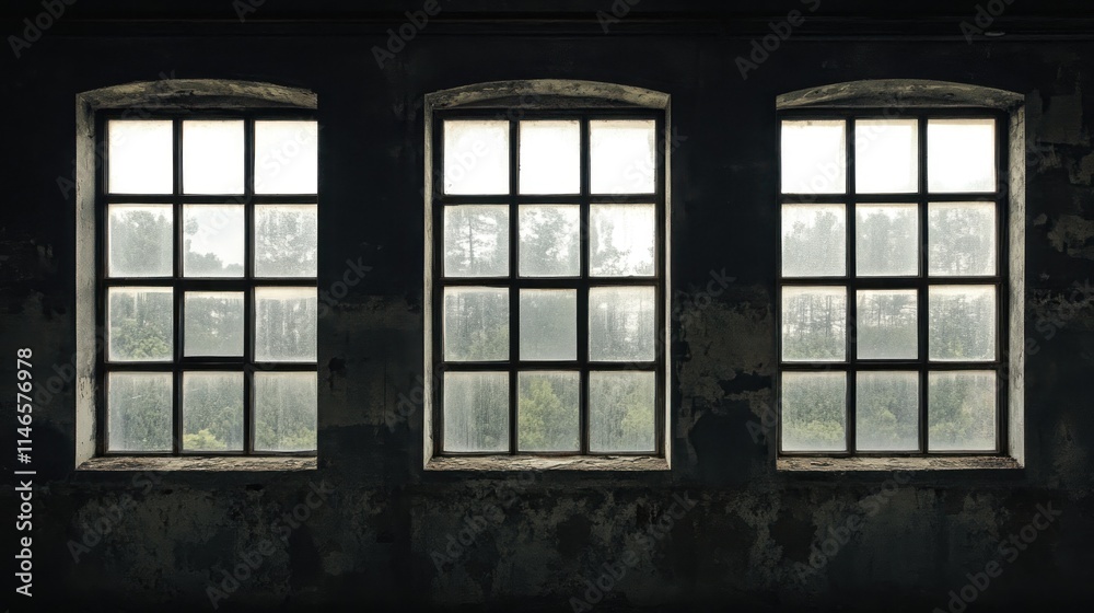 Poster three weathered windows overlooking a green landscape, creating a moody atmosphere.